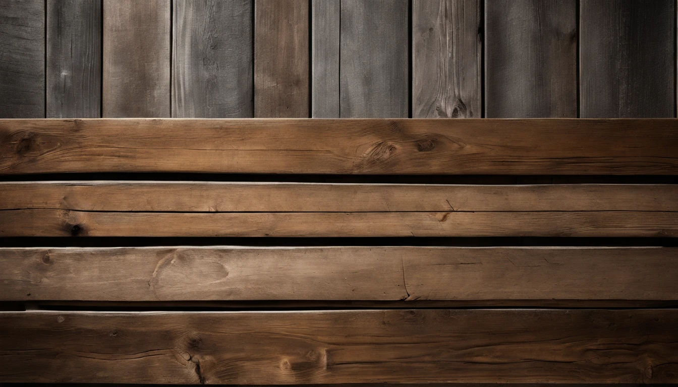 An aesthetic photo of a reclaimed wood wall, with its weathered and distressed texture, capturing the rustic and vintage charm of reclaimed wood in shades of gray, brown, and tan