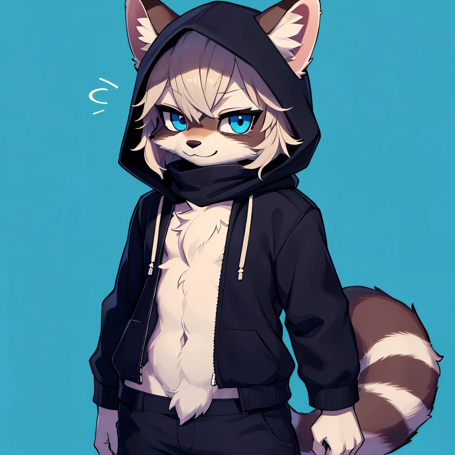 (masterpiece), best quality, expressive eyes, perfect face, 1boy, solo, (racoon, furry, kemono, fur skin), burglar, messy hair, blue eyes BREAK black hood BREAK pants, upper body, standing, blue background, smile