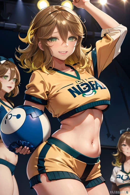 amicia michella - nijisanji, naime style 1girl, (((bimbo))), brown short hair, yellow inner hair, wavy hair, green eyes, (((bimbo))), thin lips, painted lips, shy smile face, wide hips, thick thighs, huge round ass, curvy accentuated booty, shiny oily breasts, cheerleading, cheerleader uniform, pom pom, full body, gym, nsfw