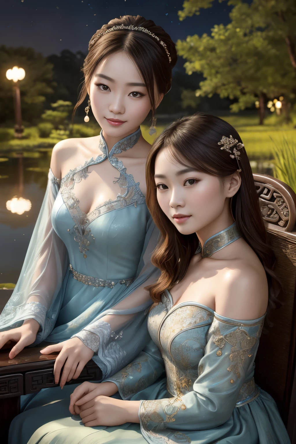 All faces and pictures must be different, high quality, highly detailed, a stunningly photorealistic closeup portrait of two beautiful Chinese women,babyfaced, intricate detailed eyes,open shoulders,skirtlift,where two mysterious women sits by the edge of a pond, capturing a romantic atmosphere under the starry sky.