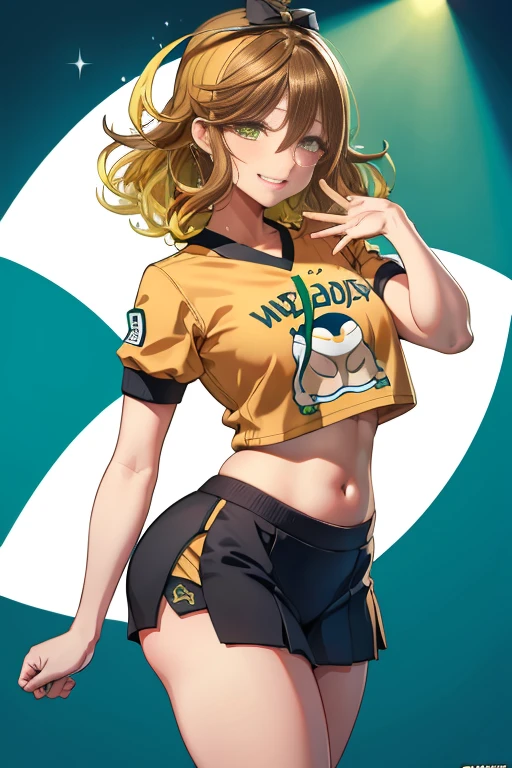 amicia michella - nijisanji, anime style, 1boyl, brown short hair, yellow inner hair, wavy hair, green eyes, detailed eyes, midriff, girly face, seductive, thin lips, painted lips, shy smile face, wide hips, thick thighs, huge round ass, full flat chest, bulge, white shirt, black medium skirt, thigh high, garter, full body, dynamic pose, office, nsfw