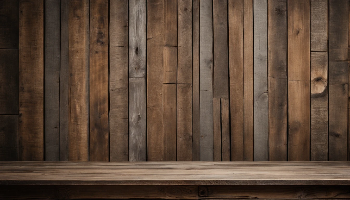 An aesthetic photo of a reclaimed wood wall, with its weathered and distressed texture, capturing the rustic and vintage charm of reclaimed wood in shades of gray, brown, and tan