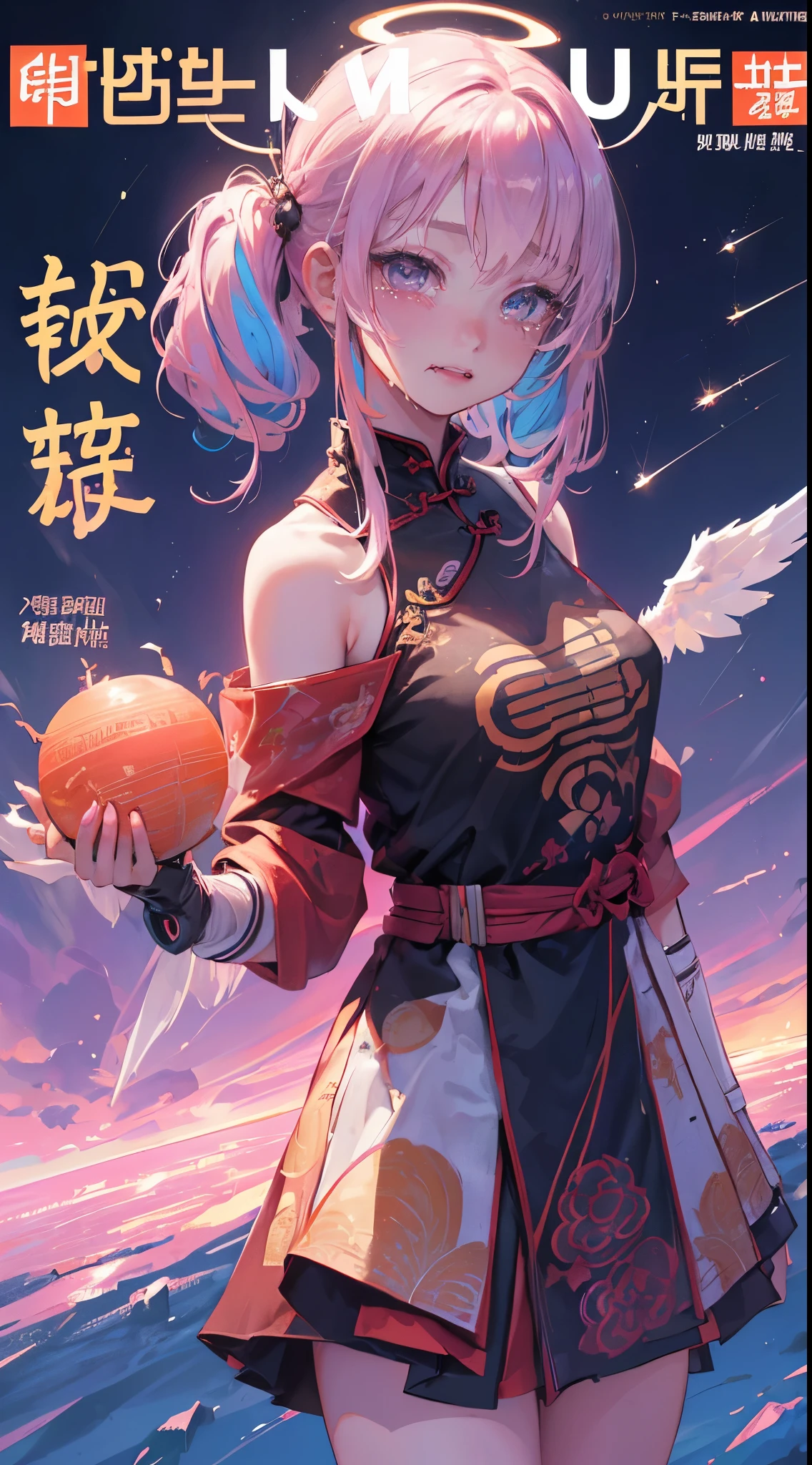 hair bobbles, wince, long eyelashes, solid circle eyes, light smile, ear blush, fang, (rainbow hair), makeup, blush, sad, sad smile, drop shadow, anaglyph, atmospheric perspective, 8k, super detail, accurate, best quality, (cyberpunk), cinematic lighting, masterpiece,1girll, short twintails, Colorful hair, flying, pink bows,((16-year-old female model)), ((dress)), (aquarium), (angel halo), ( wings), (magazine cover), the background is sunrise with planets and shooting stars, aurora, beautiful sky, space view, (wide shot), ((((text)))), (cover), bold, attention-grabbing, ((title)), stylish, (((font))), panorama, eye level shot, tile from below, title from side, title in middle, ((((magazine cover layout)))), (((chinese new year))), ((shinning star)), (((cowboy shot)))