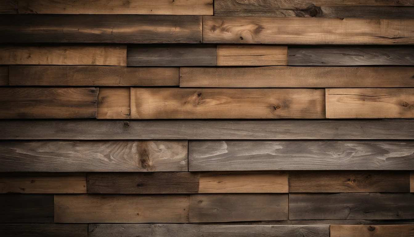 An aesthetic photo of a reclaimed wood wall, with its weathered and distressed texture, capturing the rustic and vintage charm of reclaimed wood in shades of gray, brown, and tan