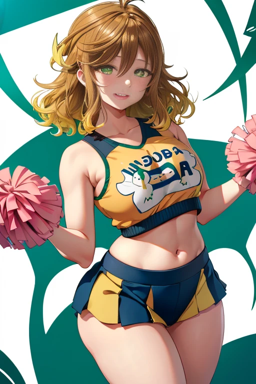 yotsuba nakano, bangs, short hair, blue eyes, hair between eyes, hair ribbon, hairband, orange hair, green ribbon, outdoors, excited, laugh, looking at viewer, ((panties)), cheerleader