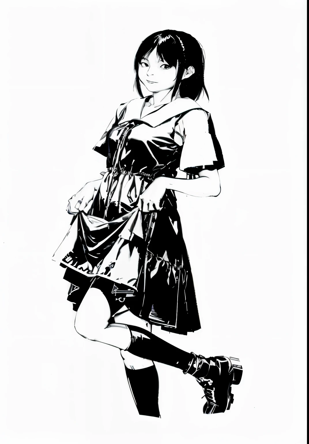 足を組んで地面に座っているan anime girl, black and white manga style, an anime girlはしゃがんでいます, しゃがむ美しいan anime girl, 「an anime girl, an anime girl, Rei Hiroe, 若いan anime girl, Sailor Uniform, black and white manga, a manga drawing, Anime Girl, aya takano color style, Fubuki