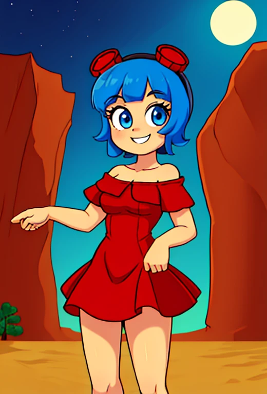 (masterpiece:1.4), (best quality:1.4), (high resolution:1.4), cartoon style,  young, FridaSuarezv1.5 teenager, red short dress, short sleeves, red off shoulder dress, red goggles, smile, short blue hair, looking at viewer, detailed face, detailed eyes, medium breasts, cowboy city in the desert, moonlight, desert town,