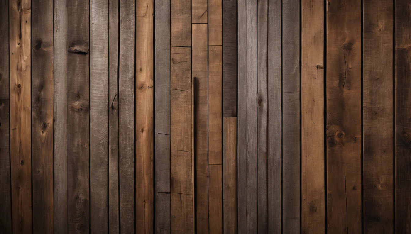 An aesthetic photo of a reclaimed wood wall, with its weathered and distressed texture, capturing the rustic and vintage charm of reclaimed wood in shades of gray, brown, and tan