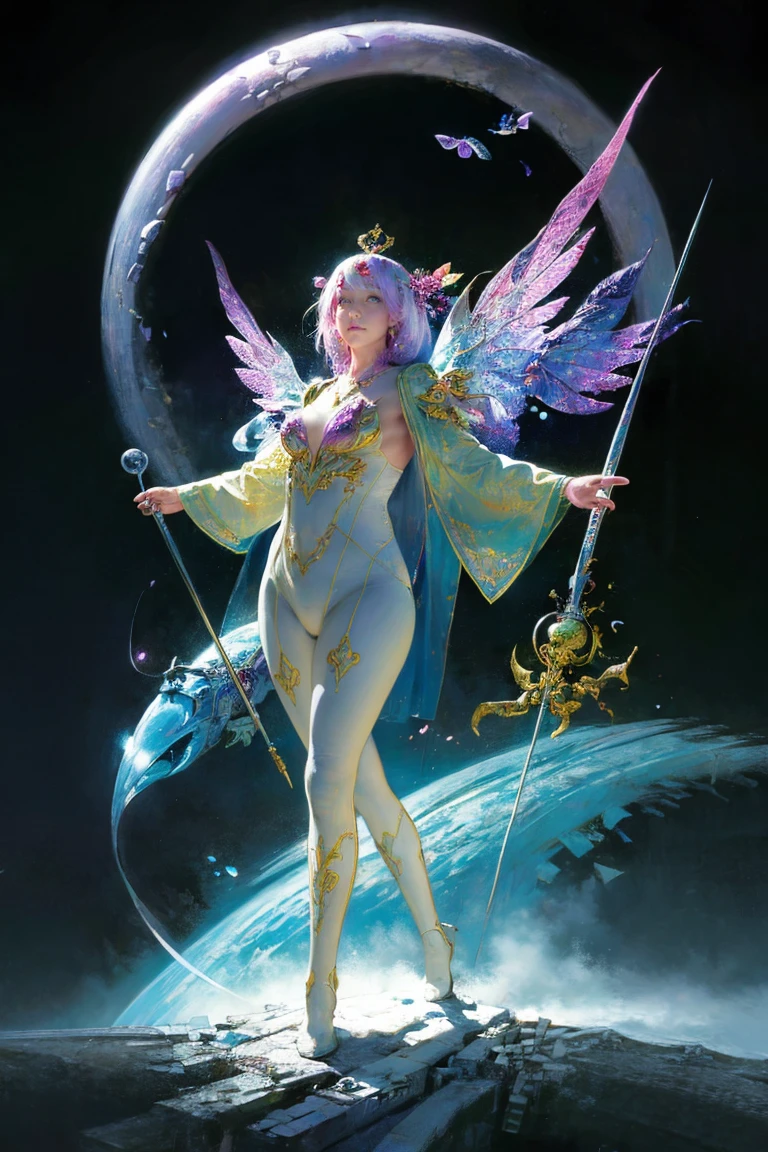 (trippy art:1.5)(Full body photo:1.0)from the above(wide wide shot:1.0),1 plump girl,the Flower Fairy, Transparent colorful wings, Magic wand,flatchest,Caucasians,Muscle tissue,Muscle spur tissue