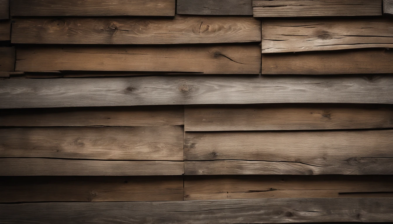 An aesthetic photo of a reclaimed wood wall, with its weathered and distressed texture, capturing the rustic and vintage charm of reclaimed wood in shades of gray, brown, and tan