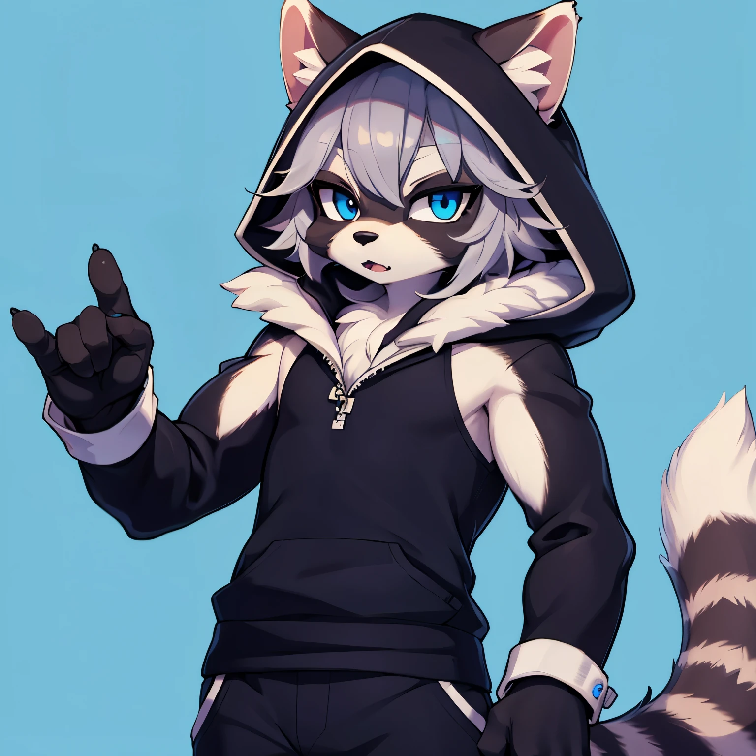 (masterpiece), best quality, expressive eyes, perfect face, 1boy, solo, (racoon, furry, kemono, fur skin), burglar, messy hair, blue eyes BREAK black hood BREAK pants, upper body, standing, blue background, :o