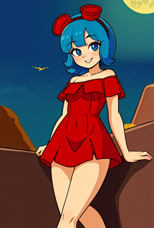 (masterpiece:1.4), (best quality:1.4), (high resolution:1.4), cartoon style, young, FridaSuarezv1.5 teenager, red short dress, short sleeves, red off shoulder dress, red goggles, smile, short blue hair, looking at viewer, detailed face, detailed eyes, medium breasts, cowboy city in the desert, moonlight,