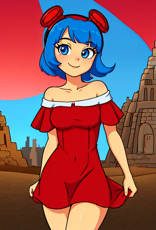 (masterpiece:1.4), (best quality:1.4), (high resolution:1.4), cartoon style, young, FridaSuarezv1.5 teenager, red short dress, short sleeves, red off shoulder dress, red goggles, smile, short blue hair, looking at viewer, detailed face, detailed eyes, medium breasts, cowboy city in the desert, moonlight,