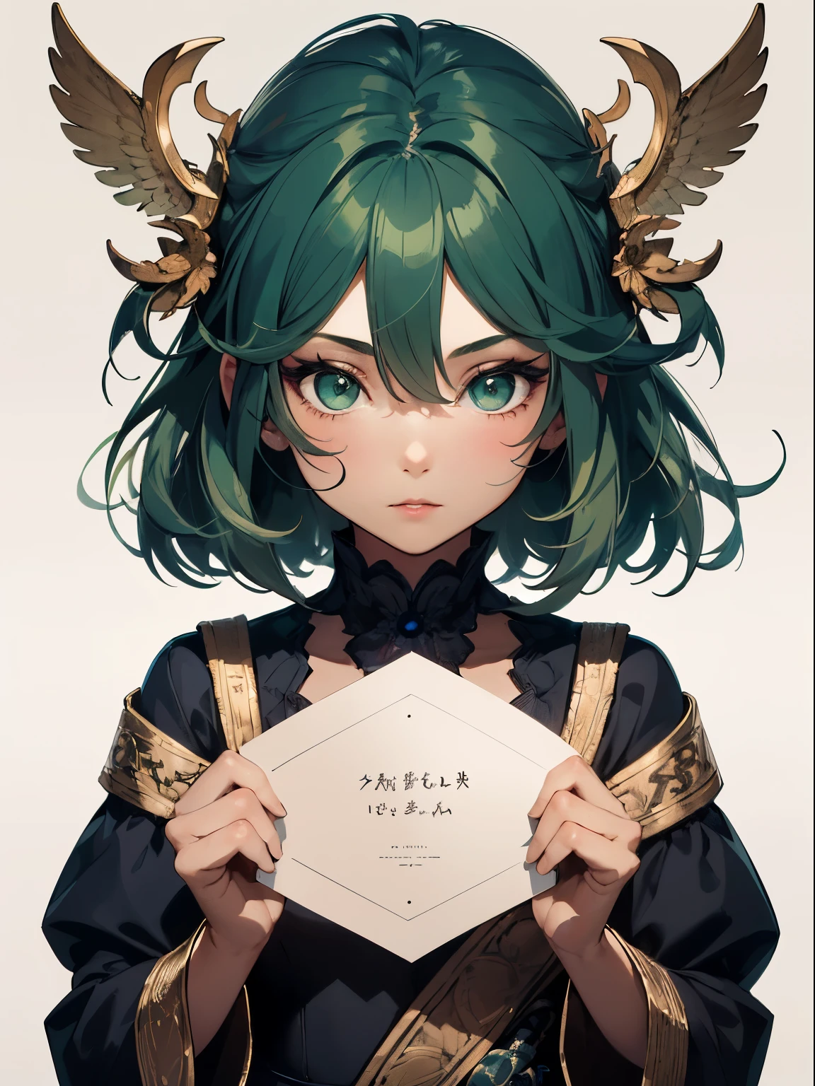 absurderes, hight resolution, ultra-detailliert, (1girl in:1.3), Design images featuring beautiful calligraphy, With expressive lettering, Gracious prosperity, And a sense of craftsmanship and skill、Green hair