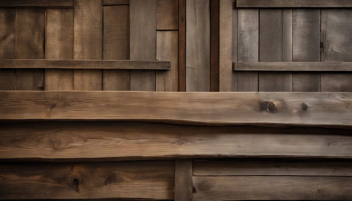An aesthetic photo of a reclaimed wood wall, with its weathered and distressed texture, capturing the rustic and vintage charm of reclaimed wood in shades of gray, brown, and tan