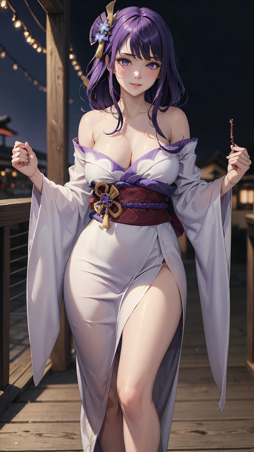 ((((masterpiece, best quality, high resolution)))), (1girl:1.5), (long silky hair, purple hair, purple eyes, hair ornaments), (large :1.2), blush, (cheeky smile, parted lips), glow, thighs, bare shoulders, collarbone, narrow waist, (slender body figure), (beautiful detailed face, beautiful detailed eyes), ((fluffy off shoulder yukata)), (standing up), looking at viewer, nighttime, summer festival, (cowboy shot),raidenshogundef