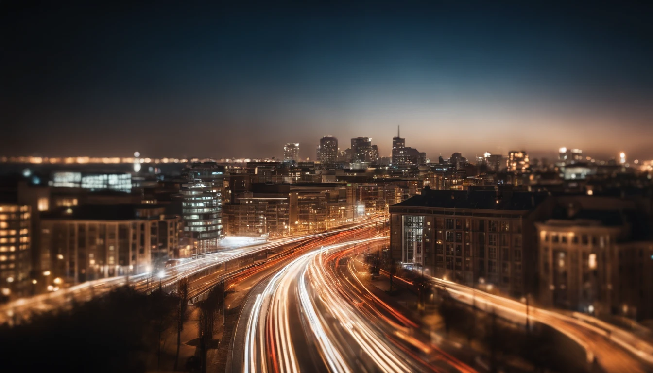 a long exposure shot of a bokeh cityscape background, with circle lights streaking across the frame, creating a beautiful and mesmerizing light trail effect, adding a sense of movement and energy to the design