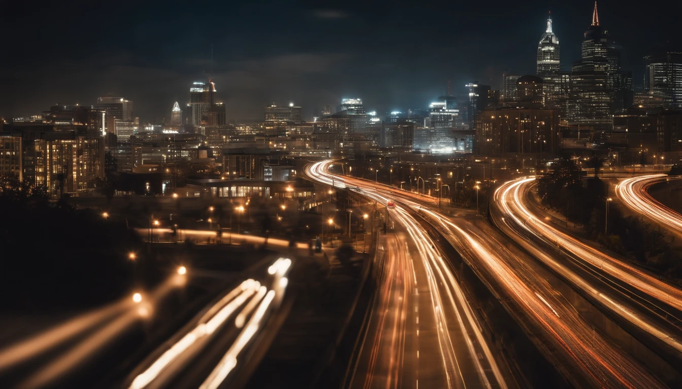 a long exposure shot of a bokeh cityscape background, with circle lights streaking across the frame, creating a beautiful and mesmerizing light trail effect, adding a sense of movement and energy to the design