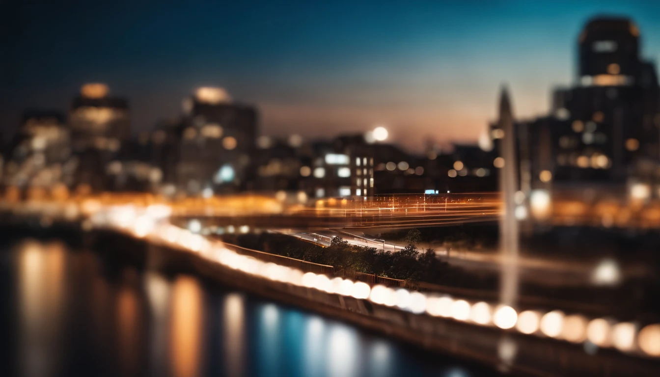 a long exposure shot of a bokeh cityscape background, with circle lights streaking across the frame, creating a beautiful and mesmerizing light trail effect, adding a sense of movement and energy to the design