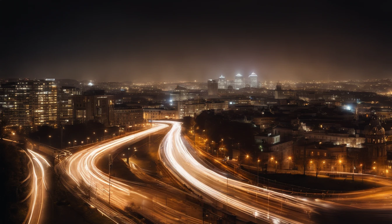 a long exposure shot of a bokeh cityscape background, with circle lights streaking across the frame, creating a beautiful and mesmerizing light trail effect, adding a sense of movement and energy to the design