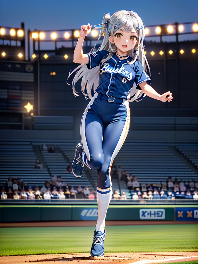 1 beautiful girl, (Solo), Wink, ((bluntbangs, Brown eyes, Long hair, ((Silver star hairpin on the right bangs)), ((baseball uniform)), ((dark blue striped uniform)), Yokohama DeNA Baystars, uniform number.67, baseball field left field seats, jump up and down with excitement, punch, Looking forward, Full body,