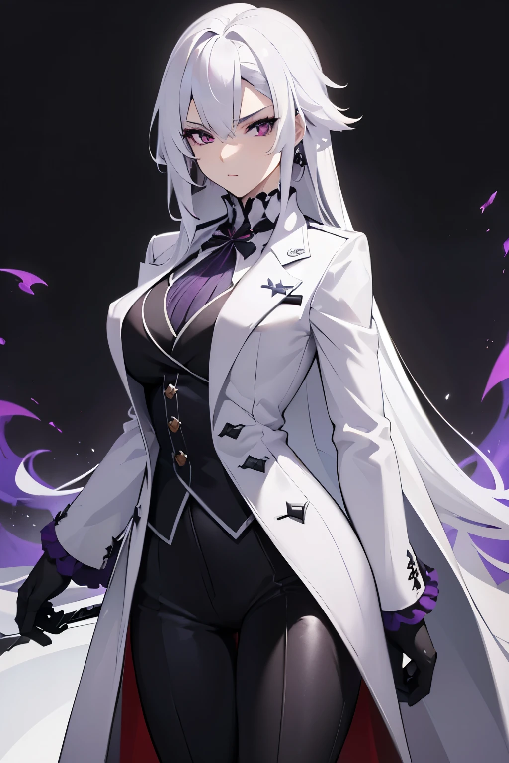 (masterpiece, best quality:1.2), illustration, 8k, hd, 1girl, solo, ((long hair, white hair, purple eye, black coat)), large breasts, black pants, arle suit, serious expression, tall, mature, elegant, black gloves,