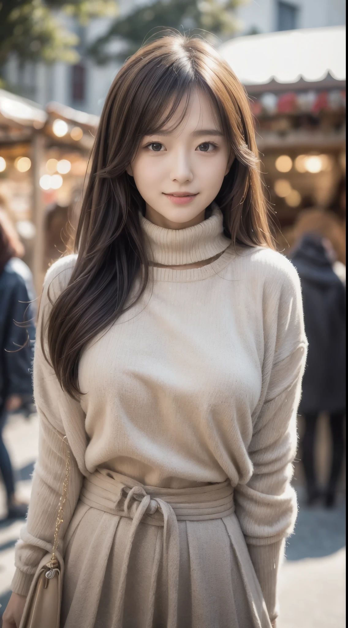 (8k,masterpiece, RAW photo,best quality:1.4),(photo realistic:1.2),(extremely detailed face),(shiny skin),(detailed skin),(detailed face),(extremely beautiful face),1girl,looking at viewer,Japanese idle(actress), brown hair,medium hair,straight hair,asymmetrical bangs,smile,glamor,large breasts, (Fleece jacket, turtleneck sweater, Pleated skirt:1.2), christmas market,high position,professional lighting