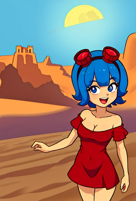 (masterpiece:1.4), (best quality:1.4), (high resolution:1.4), cartoon style, young, FridaSuarezv1.5 teenager, red short dress, short sleeves, red off shoulder dress, red goggles, smile, short blue hair, looking at viewer, detailed face, detailed eyes, medium breasts, cleavage, cowboy city in the desert, moonlight, desert town, open mouth.