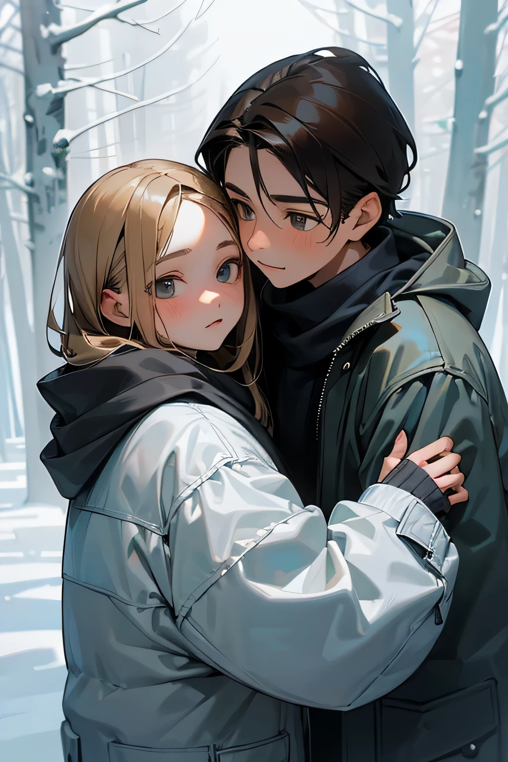 Winter landscape, Winter Forest, winter, snowfall. Brown-eyed brunette boy, 13 years old. (good face rendering) hugging a cute 13 year old blonde with gray eyes (good face rendering), in a light gray jacket,
