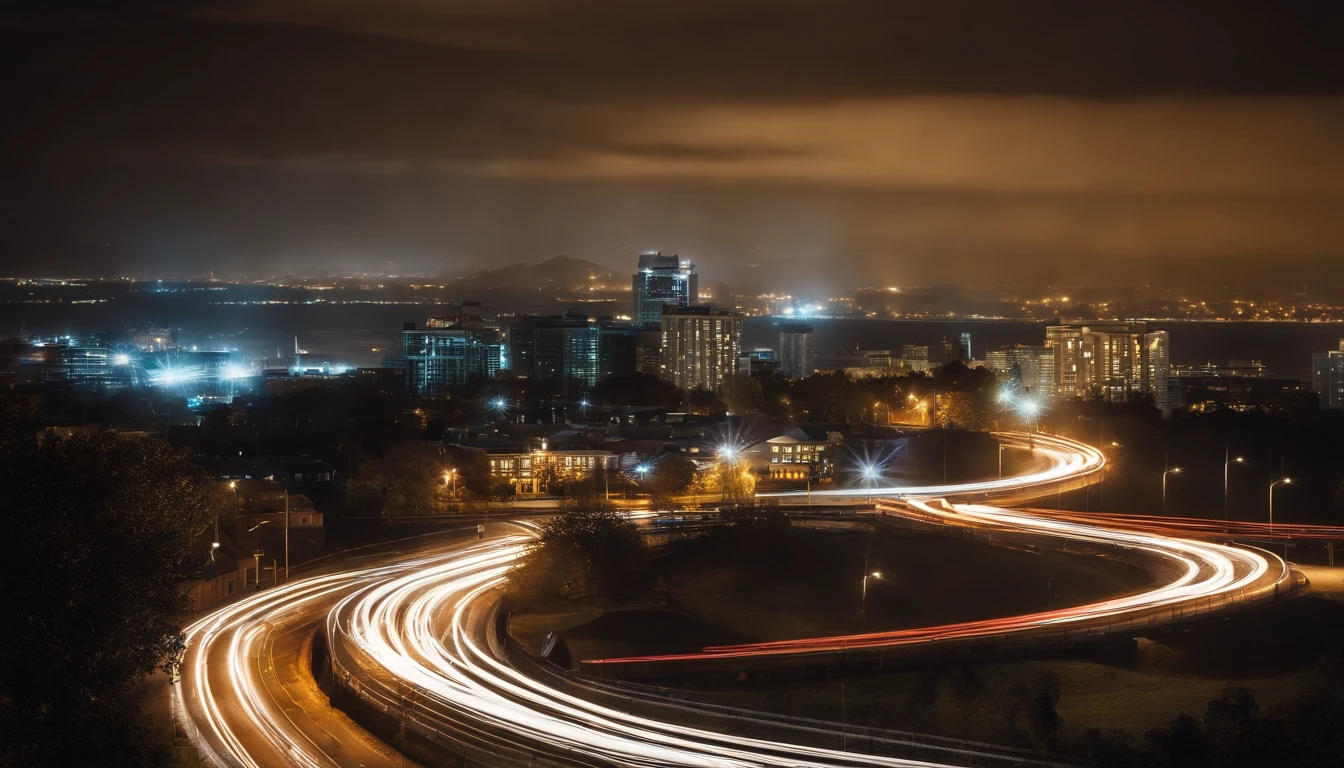 a long exposure shot of a bokeh cityscape background, with circle lights streaking across the frame, creating a beautiful and mesmerizing light trail effect, adding a sense of movement and energy to the design