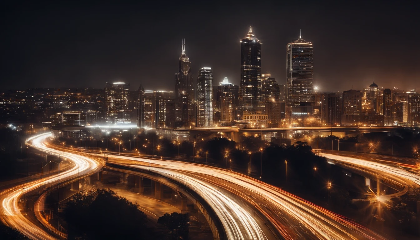 a long exposure shot of a bokeh cityscape background, with circle lights streaking across the frame, creating a beautiful and mesmerizing light trail effect, adding a sense of movement and energy to the design