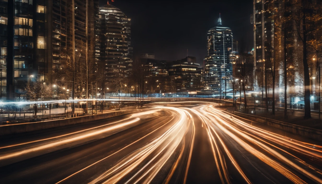 a long exposure shot of a bokeh cityscape background, with circle lights streaking across the frame, creating a beautiful and mesmerizing light trail effect, adding a sense of movement and energy to the design