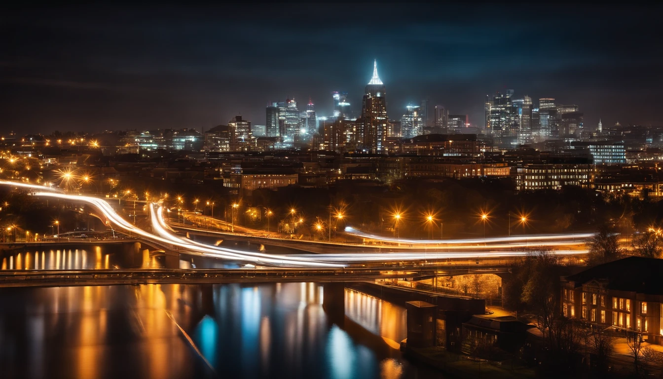 a long exposure shot of a bokeh cityscape background, with circle lights streaking across the frame, creating a beautiful and mesmerizing light trail effect, adding a sense of movement and energy to the design