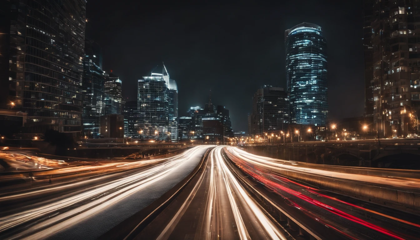 a long exposure shot of a bokeh cityscape background, with circle lights streaking across the frame, creating a beautiful and mesmerizing light trail effect, adding a sense of movement and energy to the design