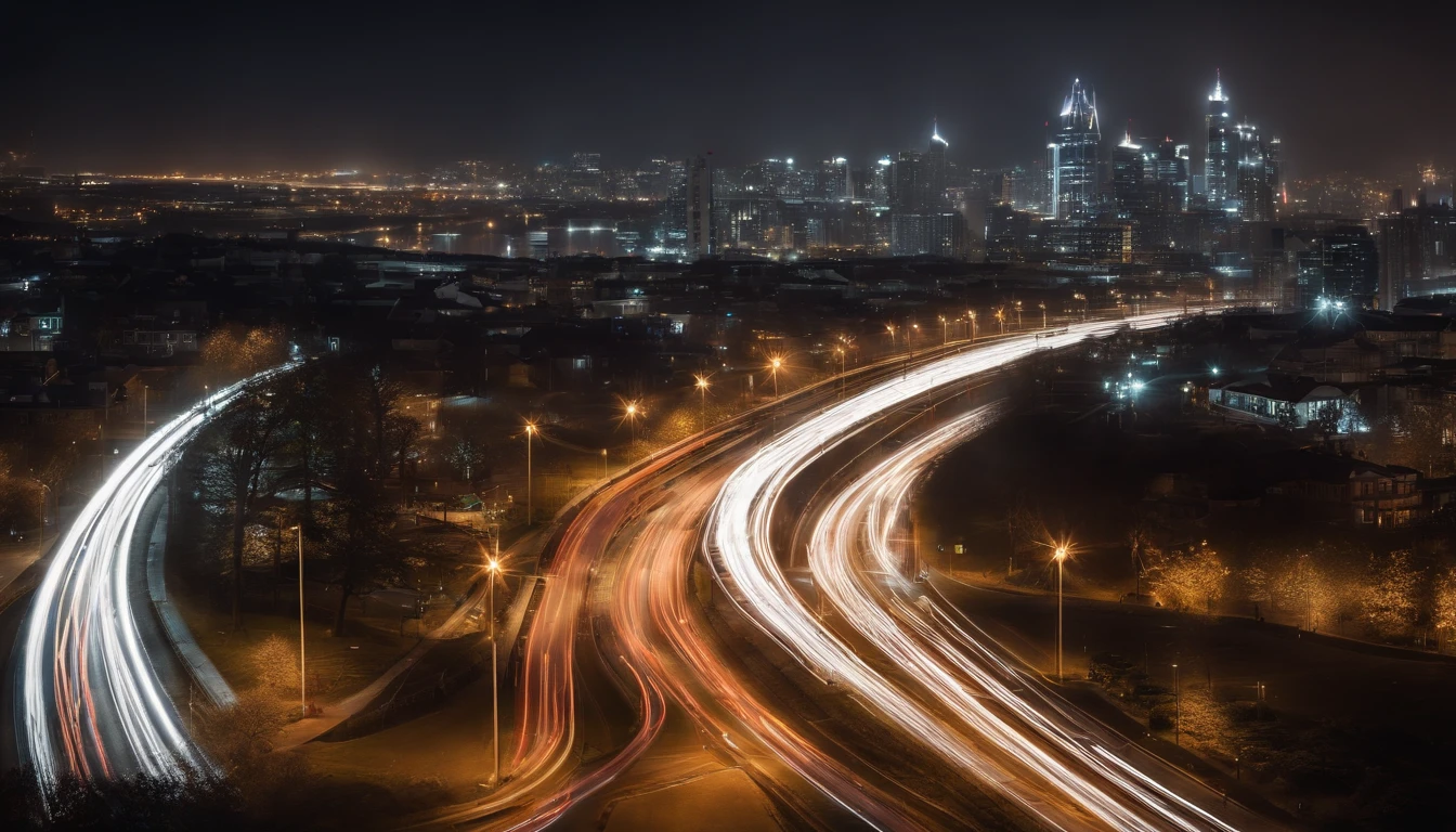 a long exposure shot of a bokeh cityscape background, with circle lights streaking across the frame, creating a beautiful and mesmerizing light trail effect, adding a sense of movement and energy to the design