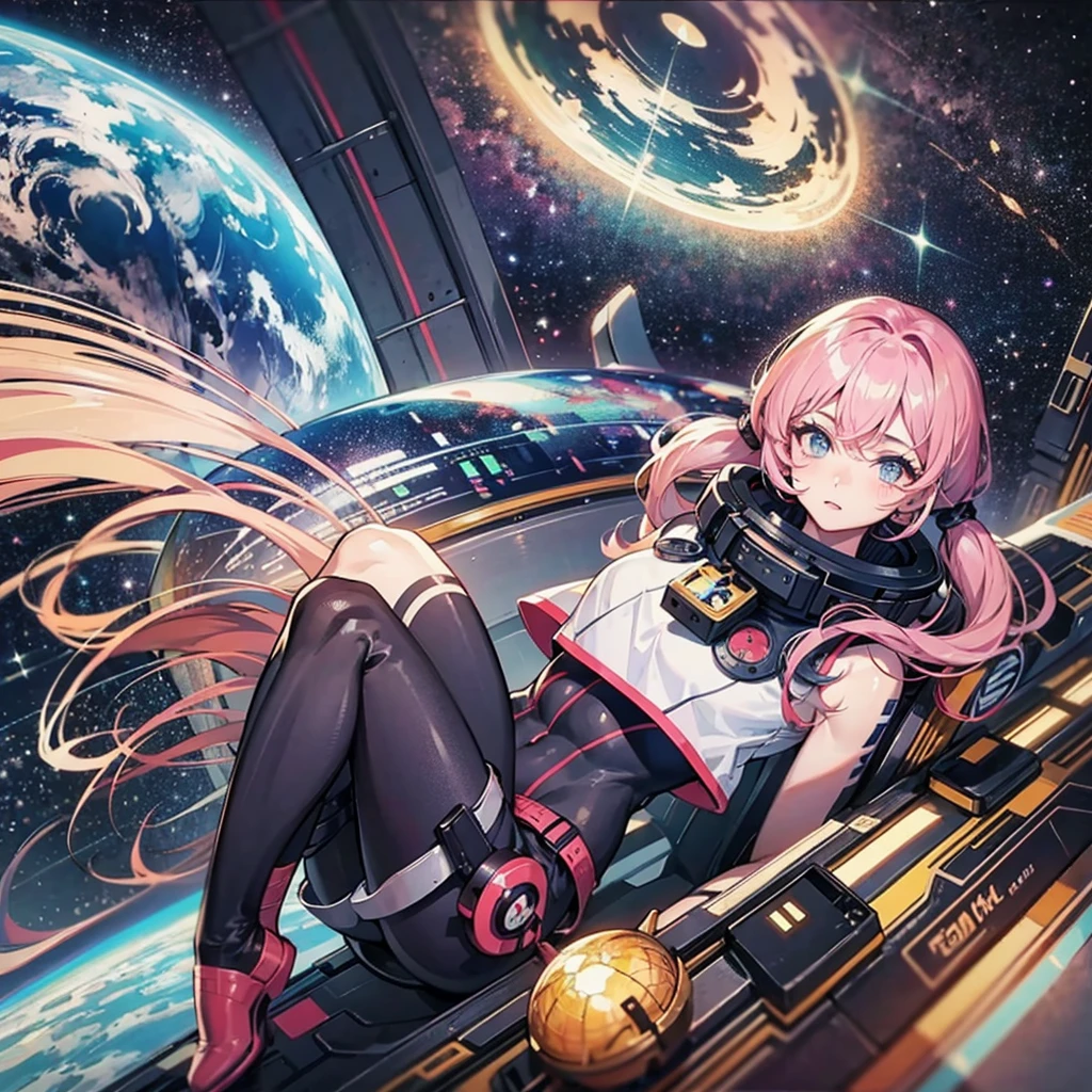 (((masterpiece、Top image quality、top-quality、highly detailed unity 8kwall-paper)))、((Illustration of one adult))、((25-years old))、(pilot)、(((Beautiful girl with a beautiful face、The body is a man)))、(((Twintails with pink hair)))、Light gray eyes、((Tall))、((Muscular strong man's body、solid chest、muscular chest plate、abdominals、muscular and thick arms、muscular and thick legs))、(((白いpilotスーツ)))、((manspreading、Sitting in the cockpit))、((space fighter cockpit、The Universe on the Monitor、Earth seen from space))
