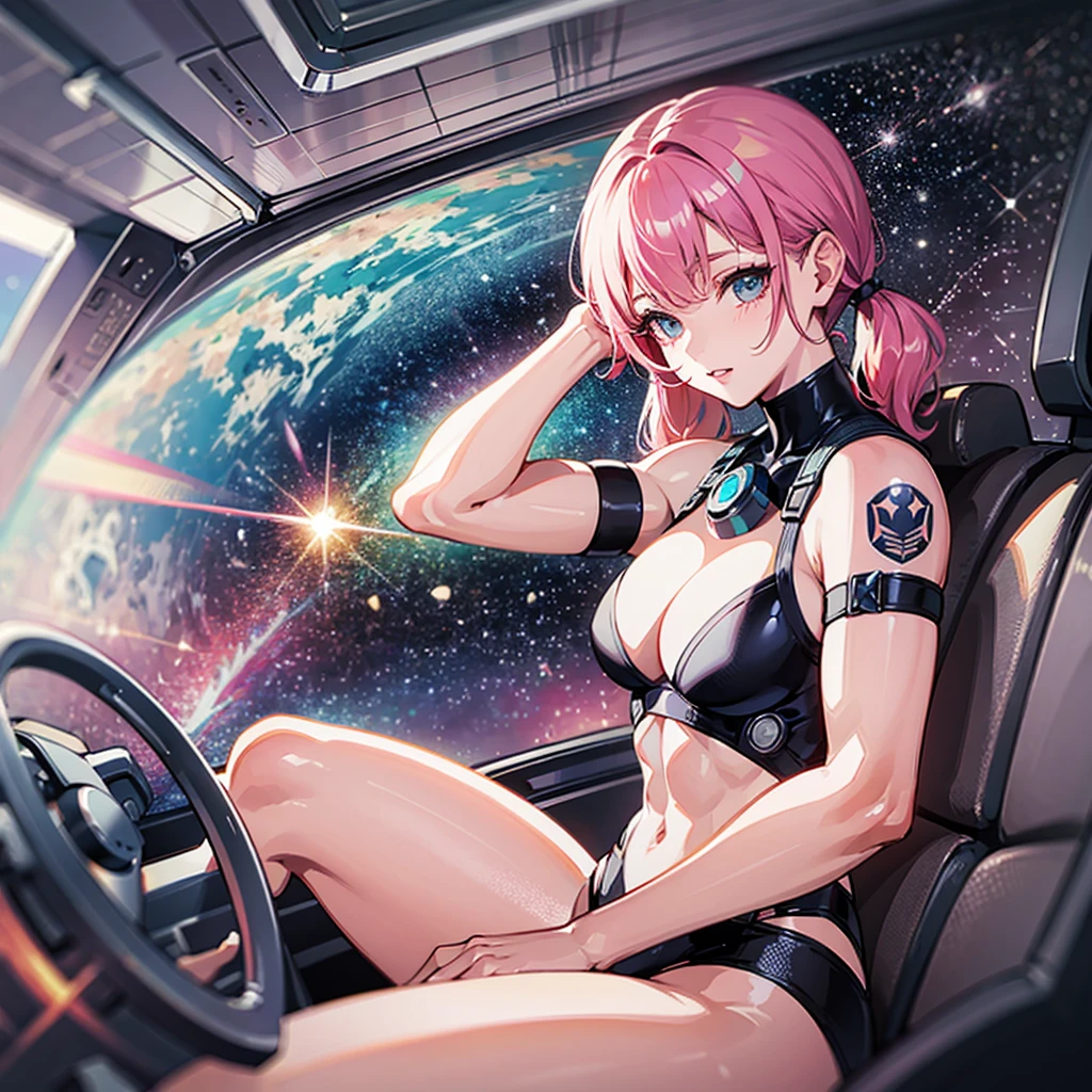 (((masterpiece、Top image quality、top-quality、highly detailed unity 8kwall-paper)))、((Illustration of one adult))、((25-years old))、(pilot)、(((Beautiful girl with a beautiful face、The body is a man)))、(((Twintails with pink hair)))、Light gray eyes、((Tall))、((Muscular strong man's body、solid chest、muscular chest plate、abdominals、muscular and thick arms、muscular and thick legs))、(((白いpilotスーツ)))、((manspreading、Sitting in the cockpit))、((space fighter cockpit、The Universe on the Monitor、Earth seen from space))