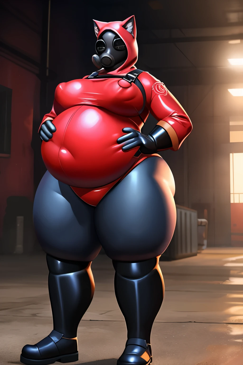 1girl, fempyro team fortress, fempyro,  ((red leotard)), black gas mask, harness, big breasts, hips, high res, high resolution, thick thighs, white skin, standing, realistic, raw photo, nipple outline, (((very very inflated belly))), hood, cat ears, hoaldin the belly,