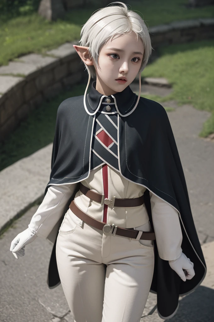 masterpiece, best quality, absurdres, SylphietteUniform, short hair, ahoge, white shirt, black pants, belt, white gloves, green cloak, outdoors,