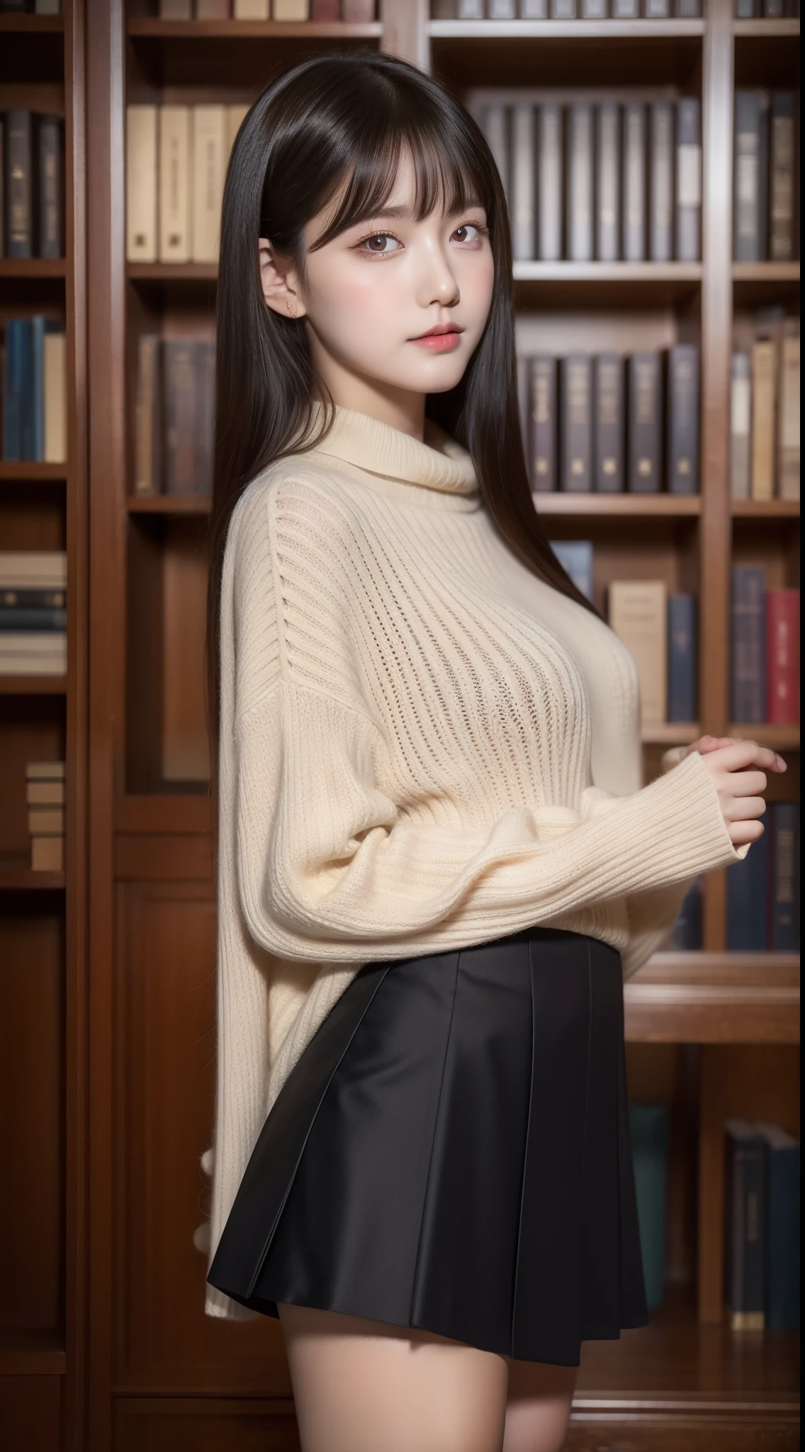 best qualtiy，tmasterpiece，photograph realistic，The half-body photographed a beautiful beauty in uniform，stocklings，beautifullegs，one-girl，独奏，In ultra-high resolution pictures，Perfect display of delicate facial features and plump and attractive body，Wear a short-sleeved sweater，JK skirt，Classroom Background，Books on the shelves，Face the audience elegantly，It seems to transmit some mysterious power，It's fascinating，8K，