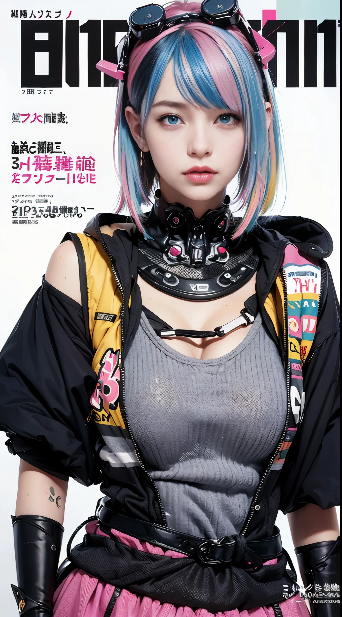 Flowing_contour biomechanical__cybernetic_airbrush___Strange__Weird__(((Japanese Harajuku style Fashion_(((colorful Magazine_cover)))__art_decor_Border)))__porcelain_and_Platinum / Futuristic Cyberpunk woman with porcelain skin, cybernetic implants, NSFW