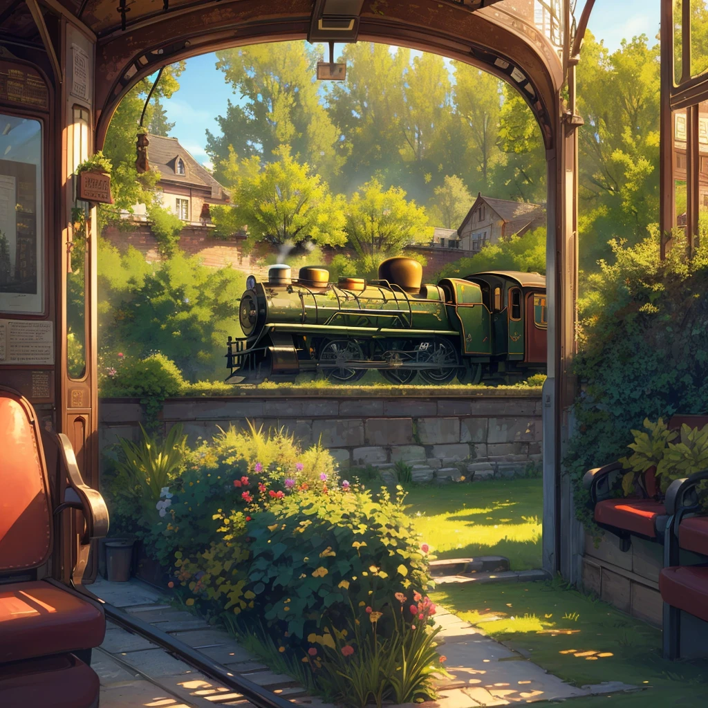 ((Best, best quality)) (((( masterpiece))), (((best quality))), (((super detailed))), (very delicate and beautiful)), no humans, cinematic light, (((old train, steam train))), old tunnel, (rusty sign)), ruins, hanging ivy, summer, sunlight through trees