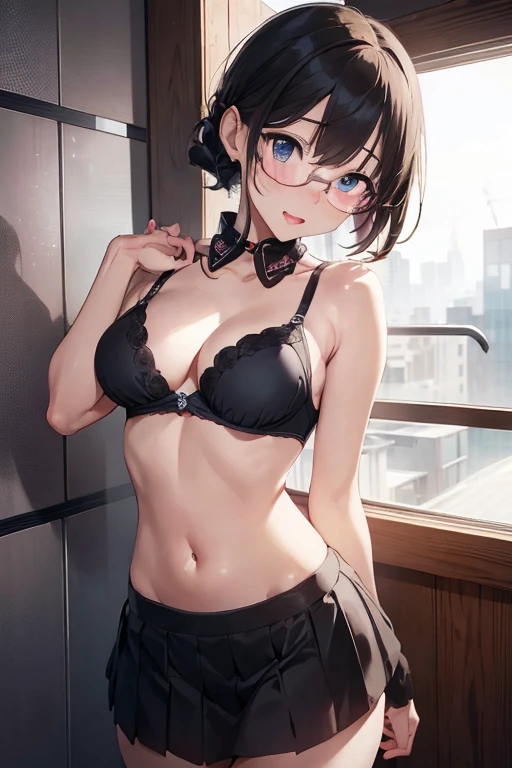 (pink short skirt), black hair, short hair, twin ponytail hair, glasses, nerd, collar, blue eyes, little clothing, exposed skin, bra, navel, ((cute innocent face, open mouth, allure)), [[playful]]], [[[bedroom]]], front-view, [[Leaning forwards]], head down,  up, arched back,  position, cleavage, , arousing, realistic, ((perfect symmetrical body)), (slim hip), soft light, dawn light)), bloom, 1girl, super model body, very slim body, thin, super model body, ultra-detailed CG, 8k, high detailed, realistic, solo, intricate details),