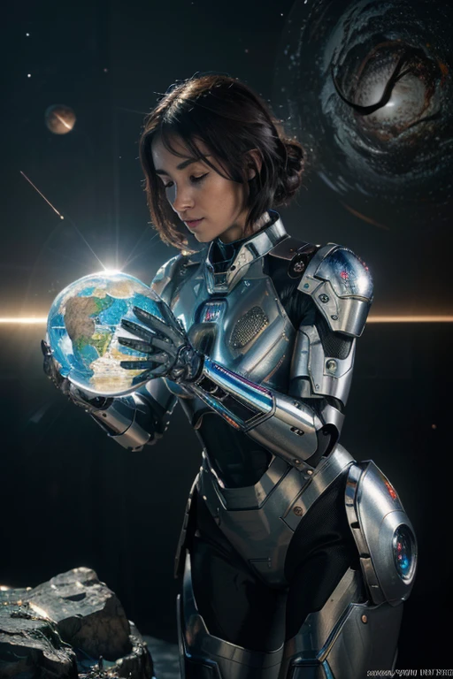 (best quality,4k,8k,highres,masterpiece:1.2), ultra-detailed, (realistic,photorealistic,photo-realistic:1.37), robot holding earth in space, shining metal surface, glowing glass visor, intricate mechanical arms, futuristic sci-fi style, cosmic background, vibrant colors, dynamic lighting