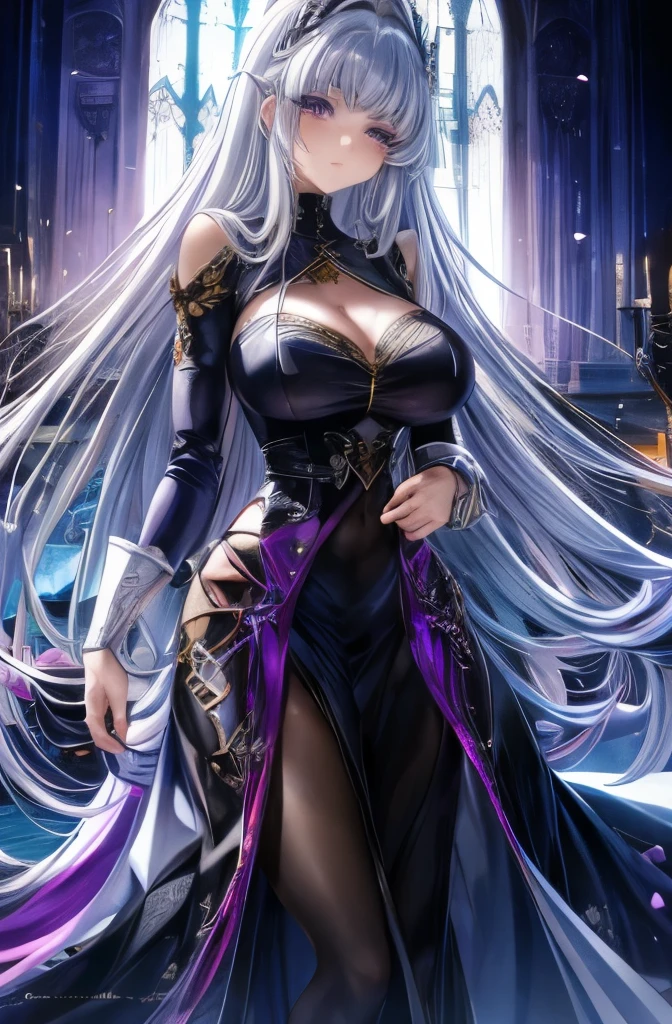 masterpiece, best quality, highly detailed, solo, (:3:0.9), purple eyes,, woman, gradient, silver hair, curly hair, long hair, solemn expression, hair ornament, shiny armor, beautiful, aesthetic, looking at viewer, solo, beautiful lighting