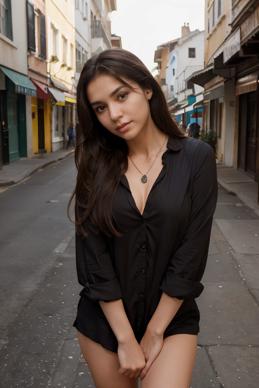 (Please generate an image of a young Esbian woman wearing a shirt and necklace. She has dark-haired, bigger, Brown eyes, and a subtle, natural makeup. The photo should show that she has no obvious makeup, She should look directly into the camera.she is having a visible orgasm. The face should look real and natural. Full body shots of this attractive woman should feature eye-catching poses, She has sharp brown eyes. The girl has a sweet temperament, And the posture should be sweet too. Please make sure the woman entire body is visible in the image. The background should be clear、Neatness. The details of the image should be of high quality(Best quality at best)), ((tmasterpiece)), (Detailed pubic hair), the perfect face