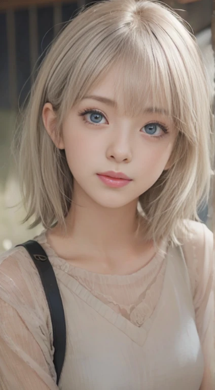 1 Very Cute Girl、、short hair、White Hair、Blue background、Upper body、(head shot:1.5)、Eyes focus、Collared shirt、Laughter、、(8k、Raw photo、highest quality、masterpiece:1.2)、(Realistic、Photorealistic:1.3)、Hmph、Deep depth of field、Wide Light、High Contrast、(Shine:1.4)、chromatic aberration、Sharp focus、RAW color photoovie stills、Cinematic lighting、8k resolution、