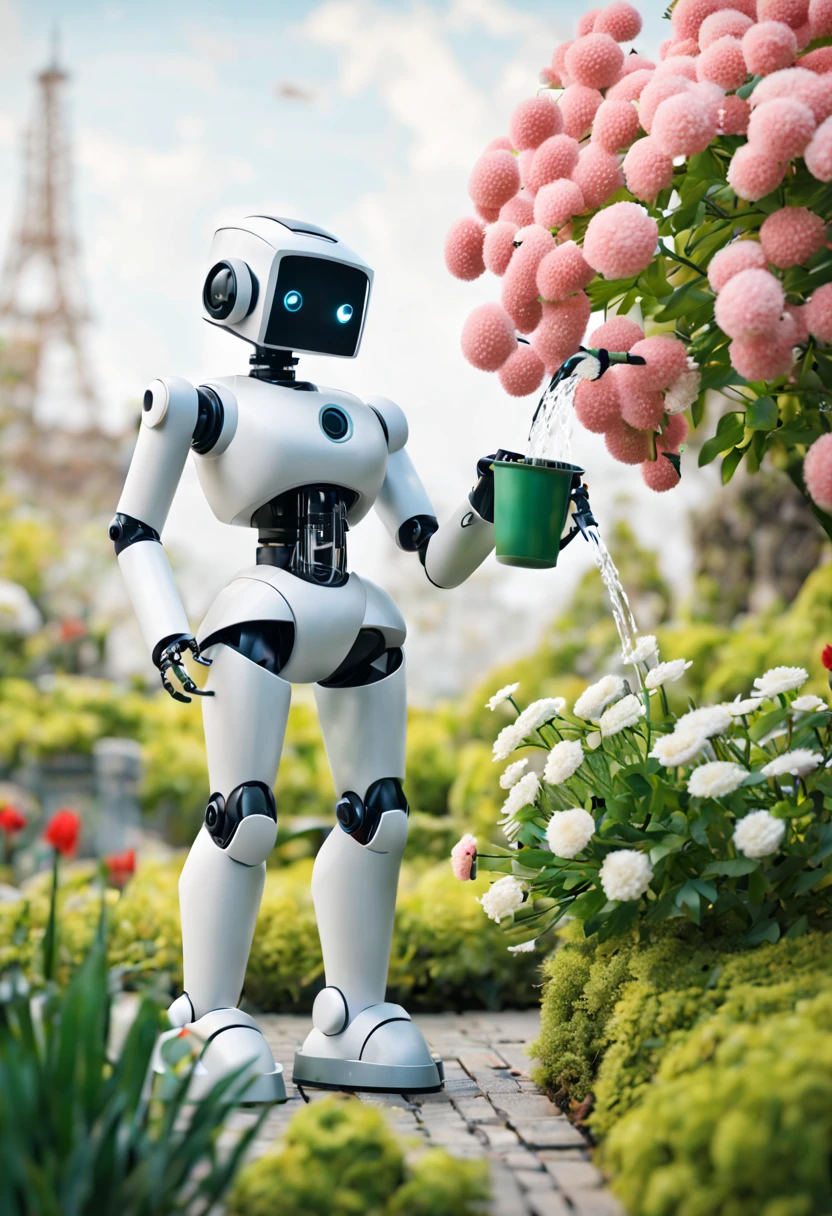 girl robot watering flowers, by Yoshitomo Nara, enhance, intricate, (best quality, masterpiece, Representative work, official art, Professional, unity 8k wallpaper:1.3)