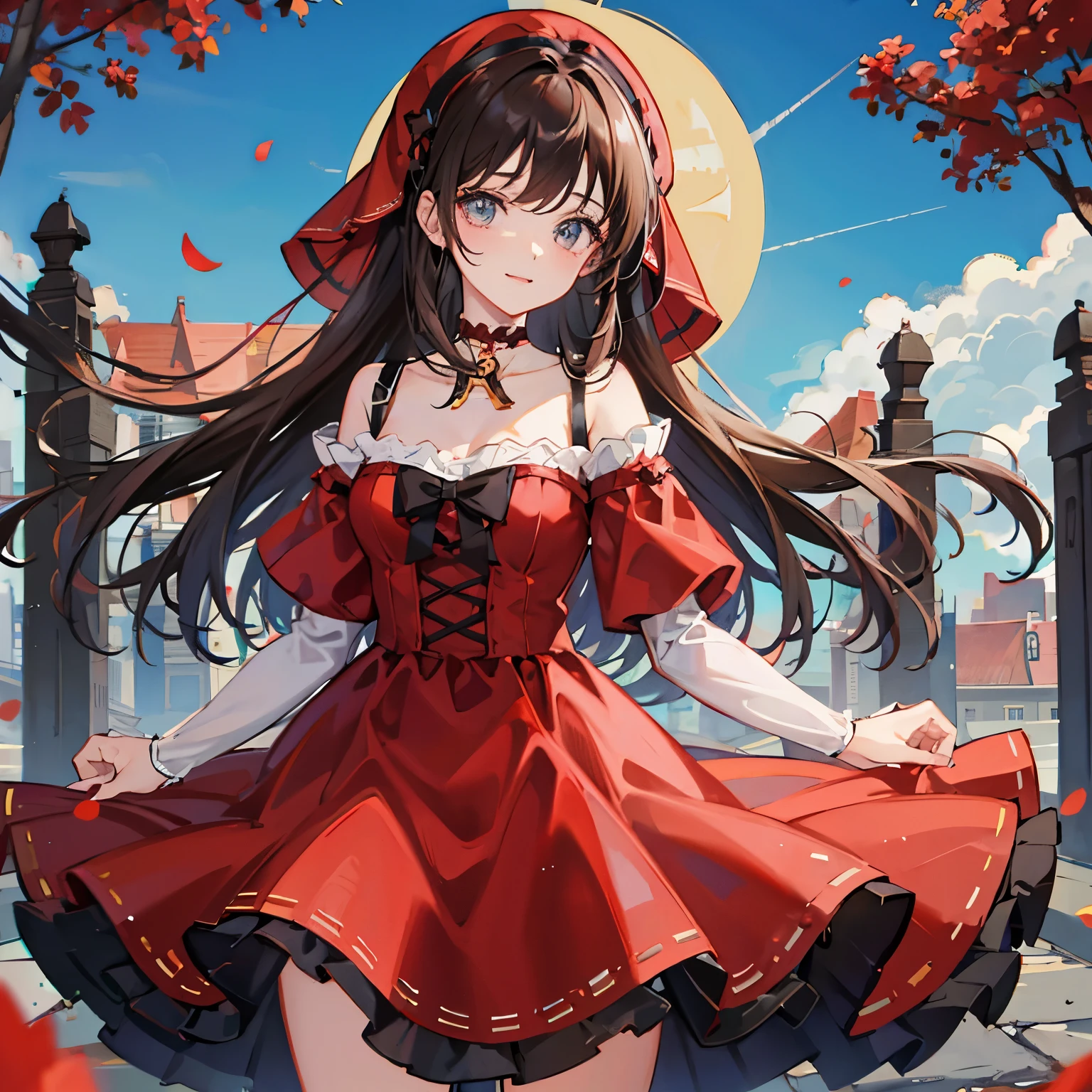 1 persons、girl with、Little Red Riding Hood、Brown hair long、kawaii、a choker、amarelo