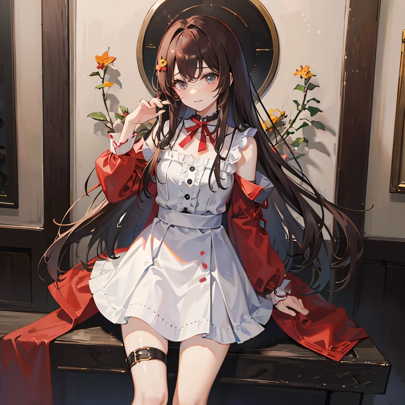 tmasterpiece, high high quality, 1girll, red eyes, 年轻, whaite hair, long whitr hair, Porcelain dress, Sat down, adolable, Sexy pose, Playful, inside in room, illustration, Vivi color,Be red in the face,drunk,walnut